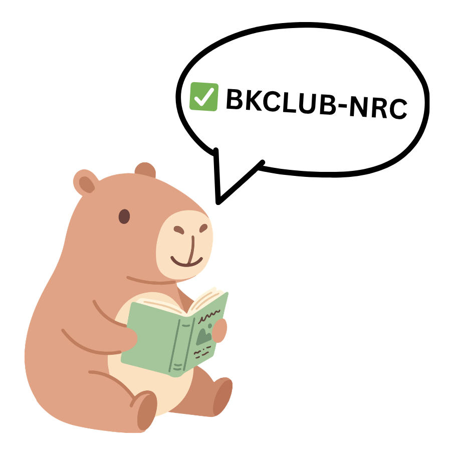 A capybara reading a book with a voice bubble reading "BKCLUB-NRC"