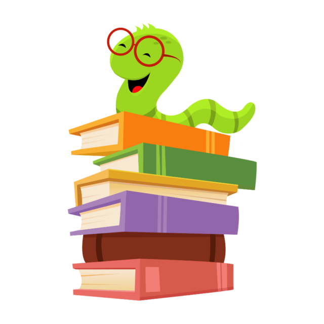 Cartoon picture of a bookworm with glasses on a pile of books