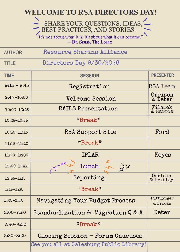 The day's schedule written on a cute library card. All the text on this image is also beneath the image under the header Schedule.